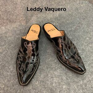 Leddy Vaquero Women’s Black Patent Leather Western Cowboy Mules Slip On Sandals